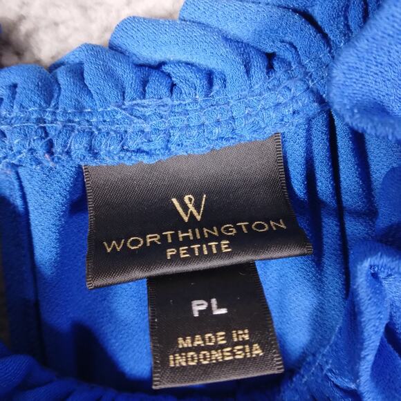 Worthington Blouse Size Petite Large Blue Sleeveless Ruffled Neckline - Picture 4 of 5